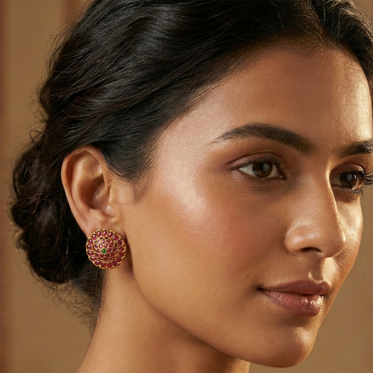 Gold Plated Round Stud With Red Stones