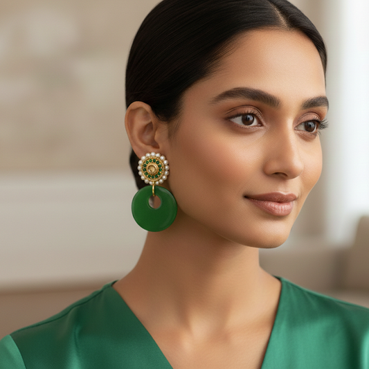 Beautiful Pearls Stud with Green Hanging
