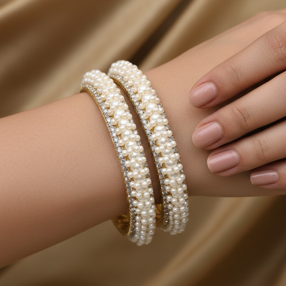 Stacked Pearl Bangles With White Stones