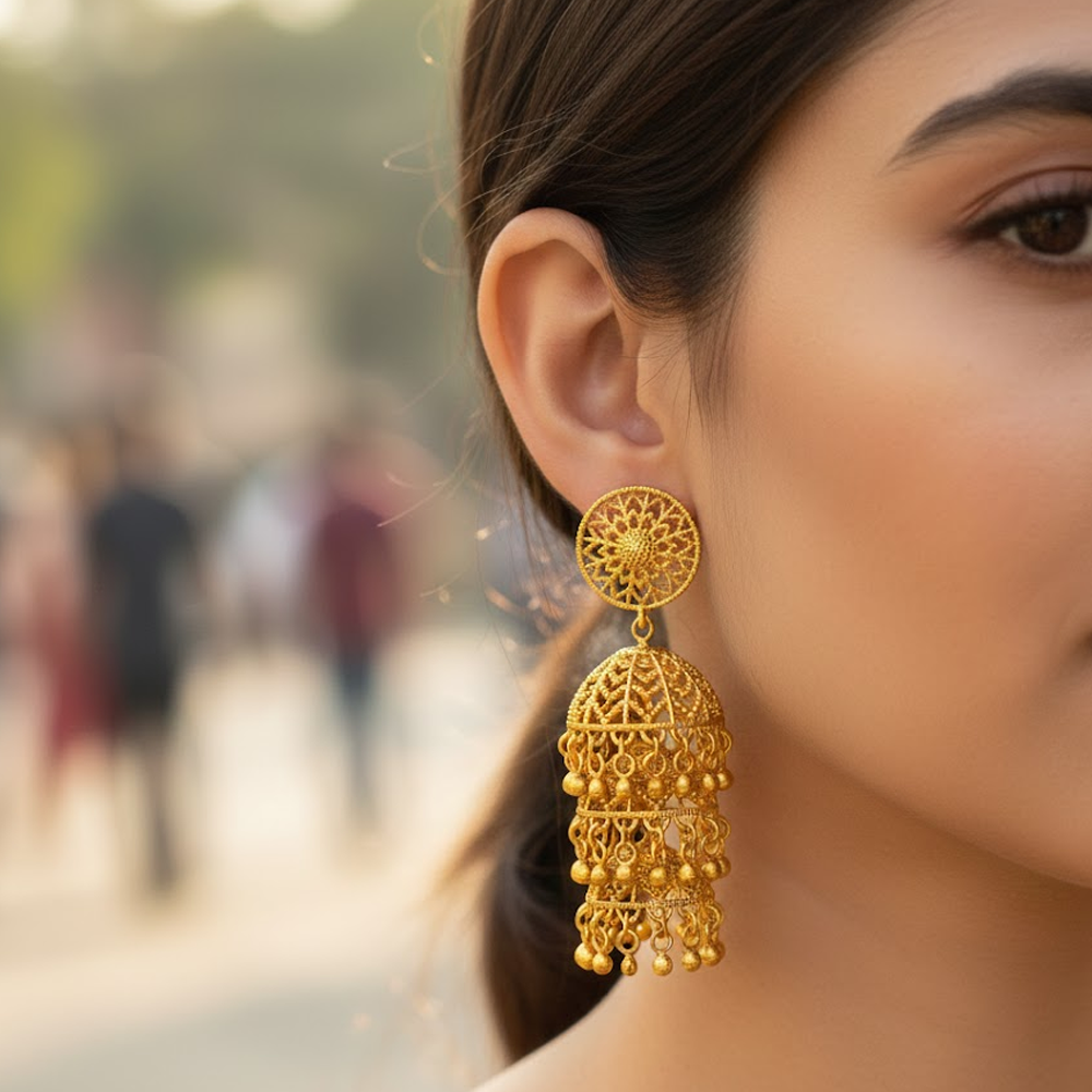 Triple Jhumka Umbrella Model with Golden Beads