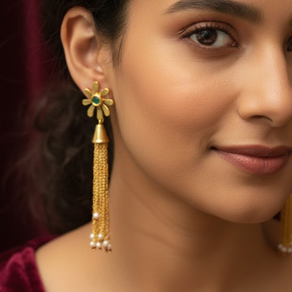 Flower Stud with Handing Chains Drops