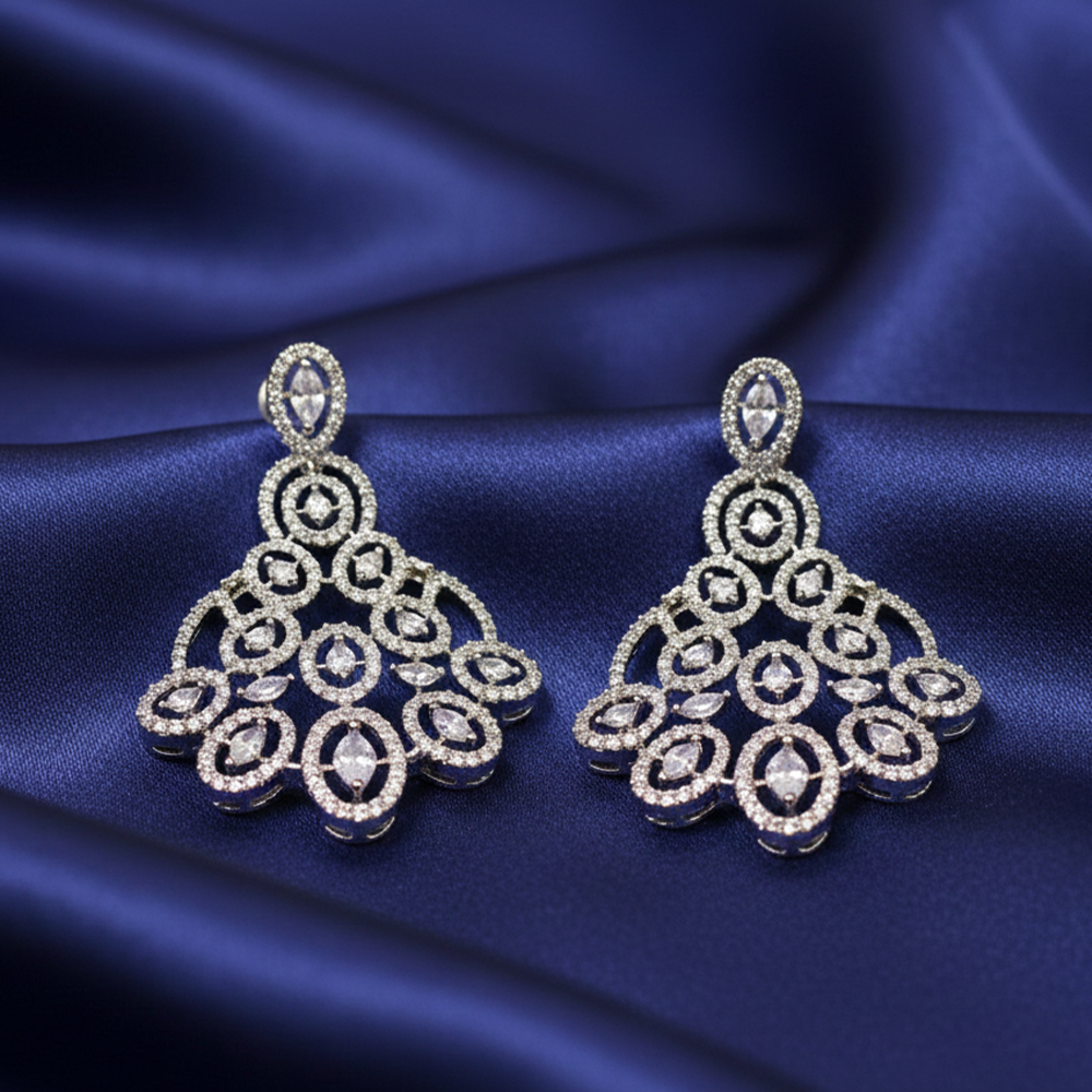 Silver Petal Pattern Chandbali With White Stones