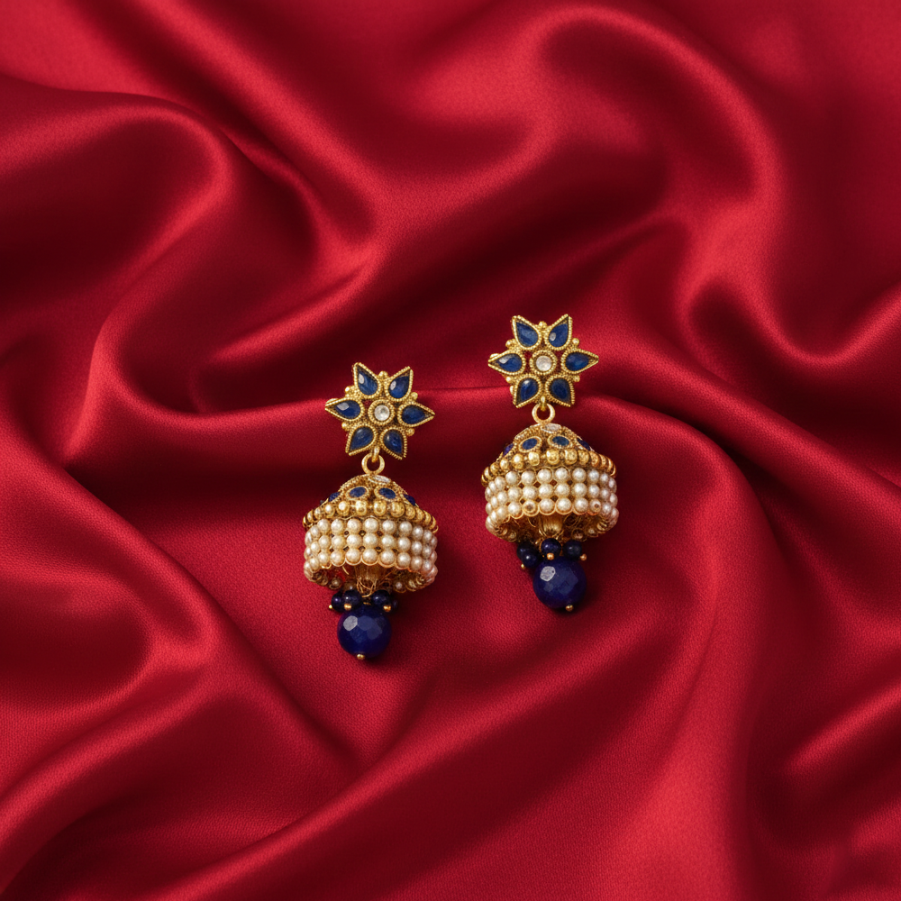 Beautiful Flower Jhumka With Blue Stones