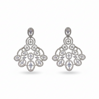 Silver Petal Pattern Chandbali With White Stones