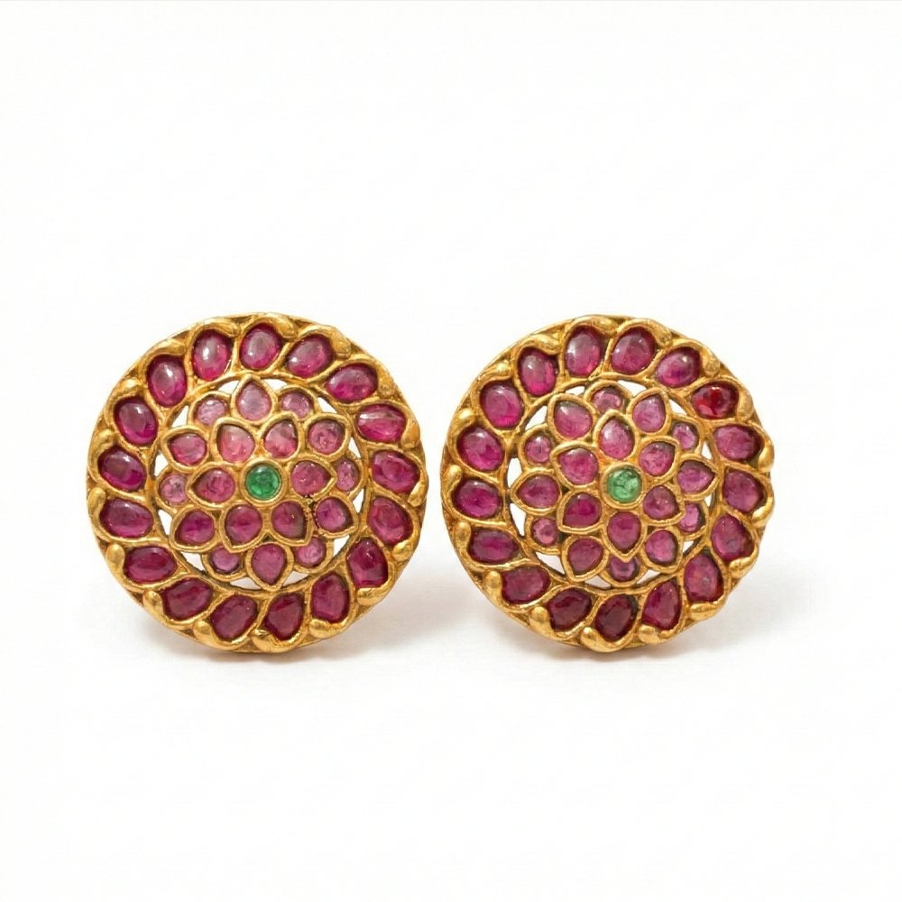 Gold Plated Round Stud With Red Stones