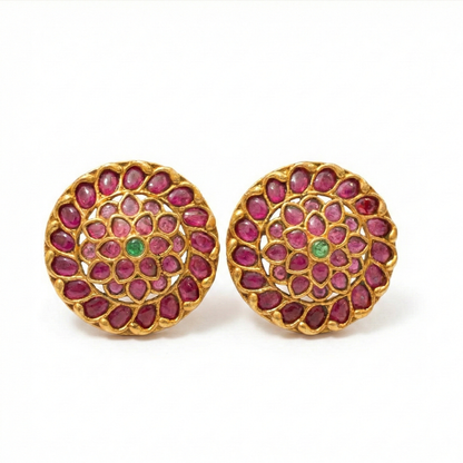 Gold Plated Round Stud With Red Stones