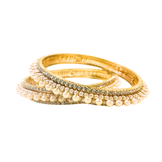 Gold Plated Pearl Bangles With White Stones