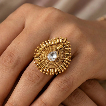 Thilagam Pattern Finger Ring with a White Stone