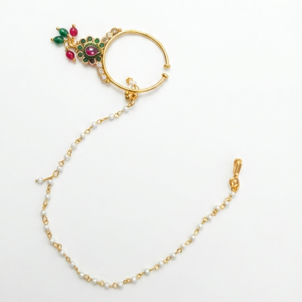 Red & Green Hanging with Pearls String to Ears Nosepin
