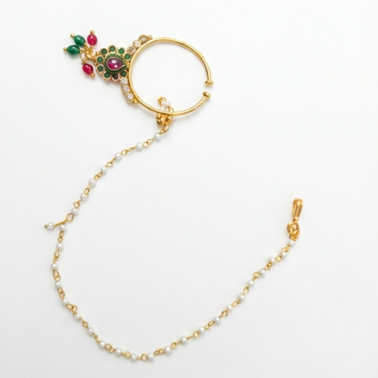 Red & Green Hanging with Pearls String to Ears Nosepin