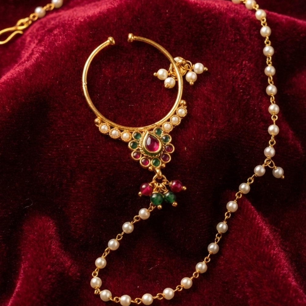 Red & Green Hanging with Pearls String to Ears Nosepin