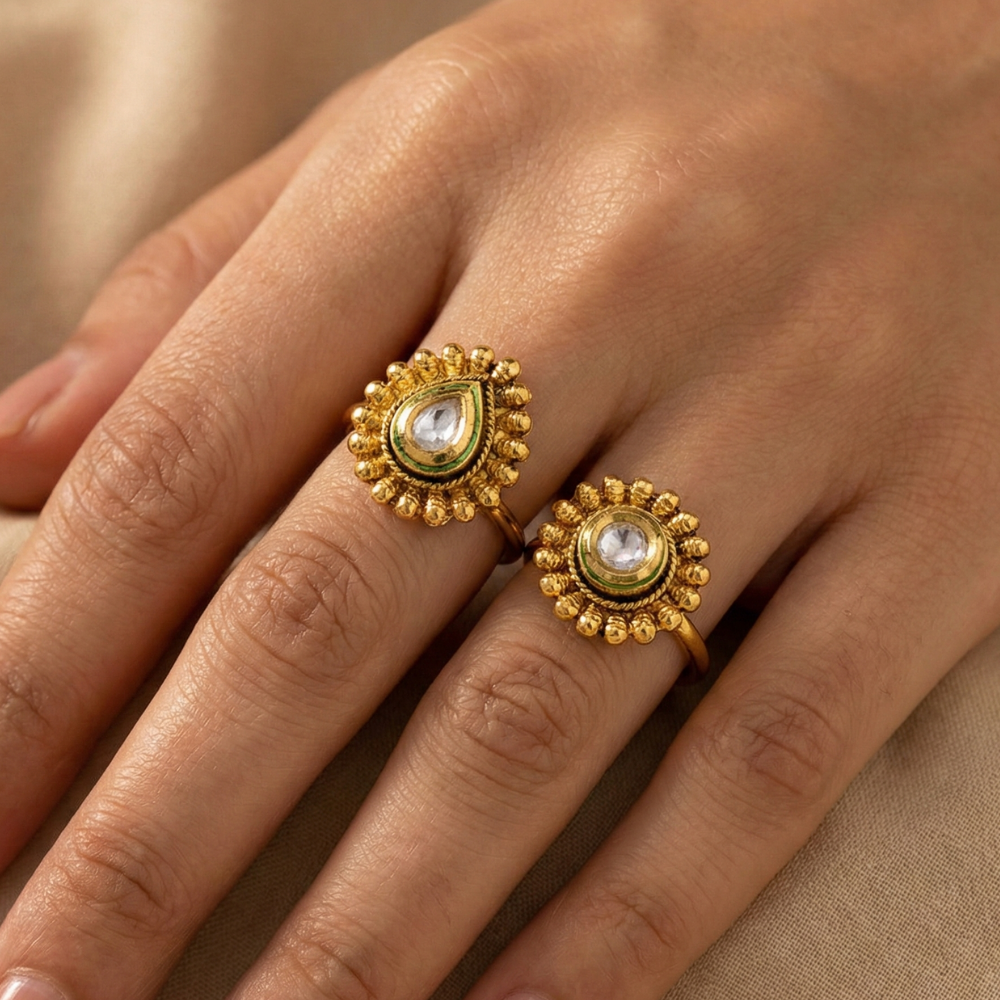 Double Rings for Two Fingers with Kundan Stone