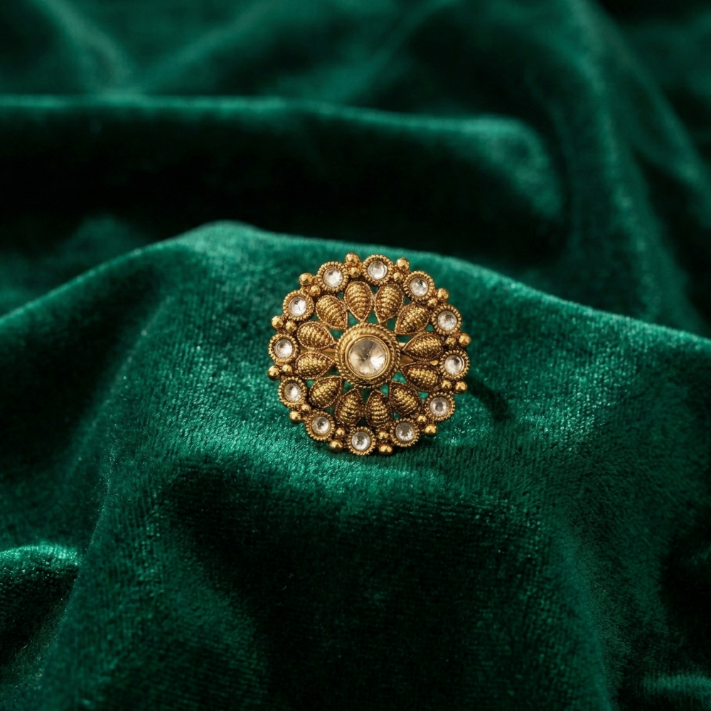 Kolam pattern Round Finger Ring with White Stones