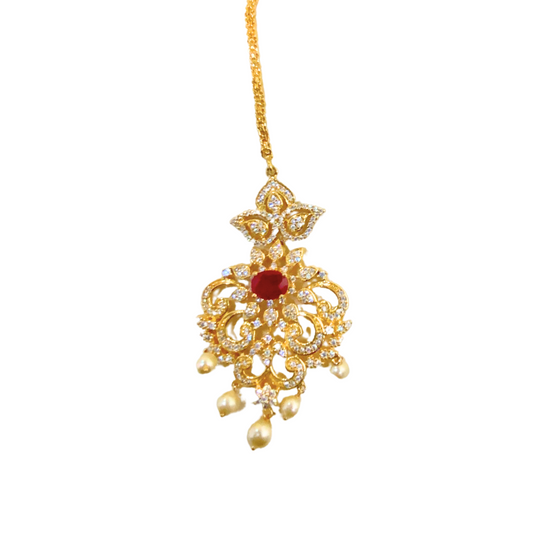 Gold Plated Maang Tikka Pink stones with White Bead