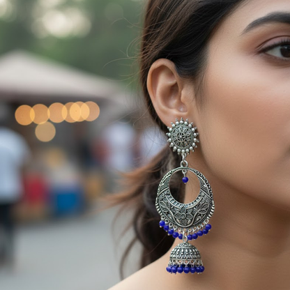 Oxidised Round Chandbali with Hanging Blue Pearl Jhumkas