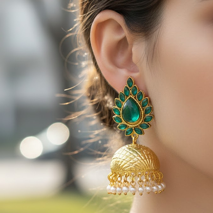 Golden Jhumkas With Leaf Green Stones