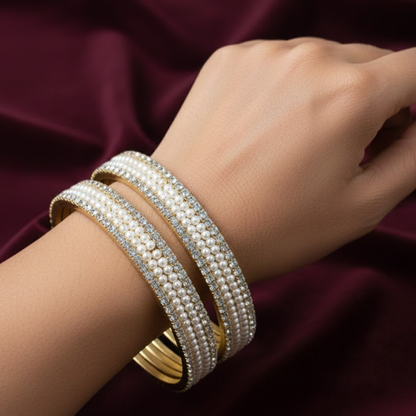 Gold Plated Pearl Bangles With White Stones