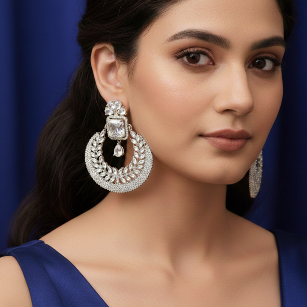 Silver Grand Chandbali With White Stones