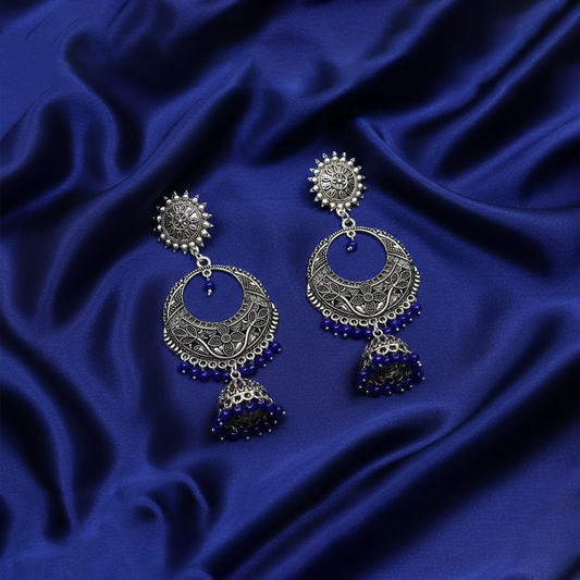 Oxidised Round Chandbali with Hanging Blue Pearl Jhumkas