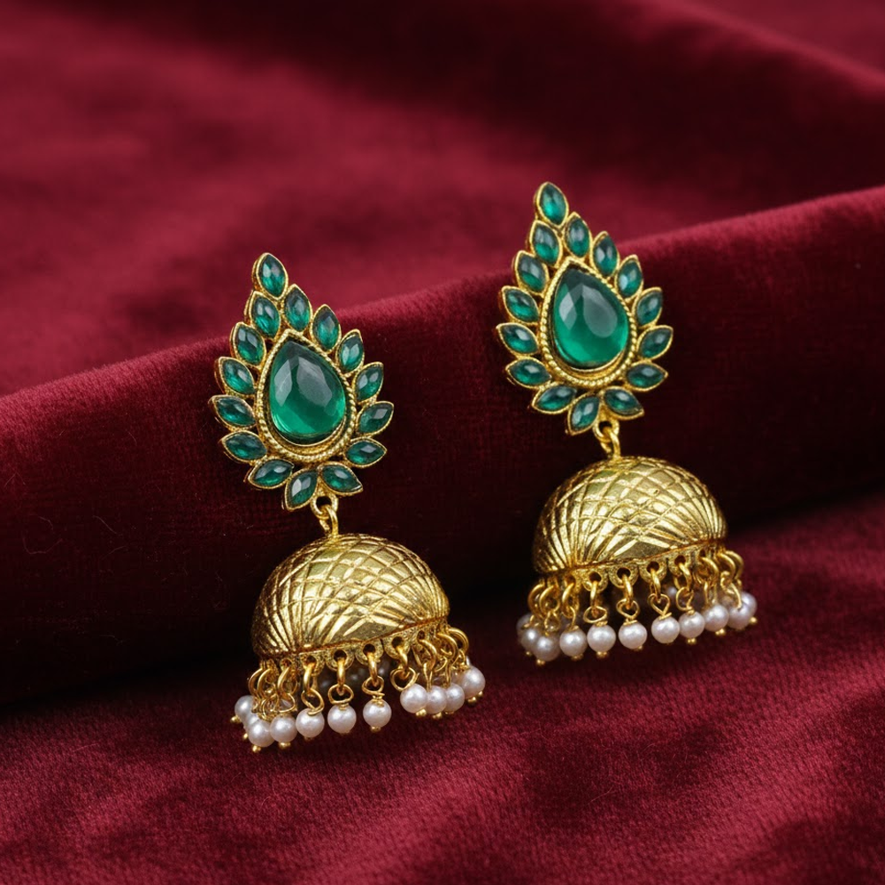 Golden Jhumkas With Leaf Green Stones
