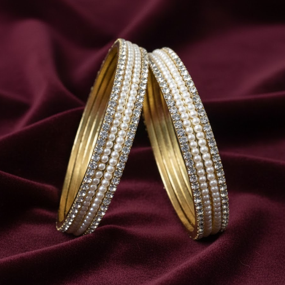 Gold Plated Pearl Bangles With White Stones