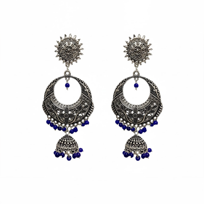 Oxidised Round Chandbali with Hanging Blue Pearl Jhumkas