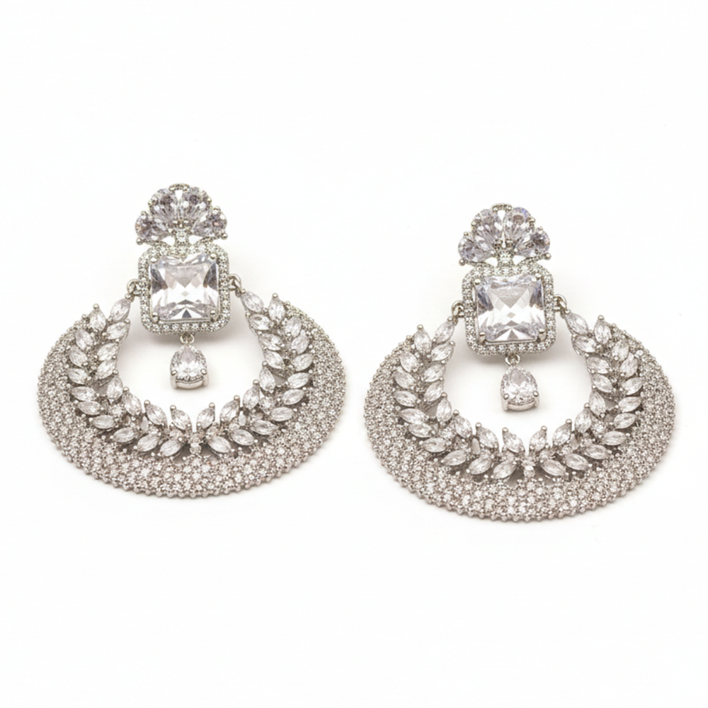 Silver Grand Chandbali With White Stones