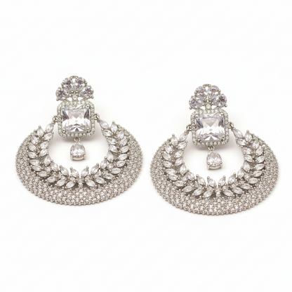 Silver Grand Chandbali With White Stones