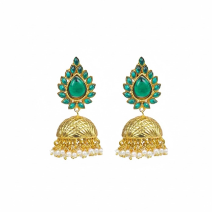 Golden Jhumkas With Leaf Green Stones