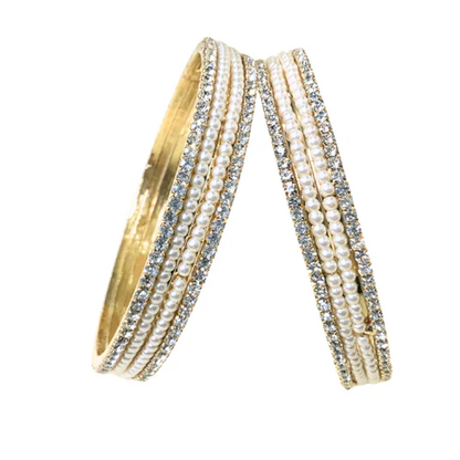 Gold Plated Pearl Bangles With White Stones