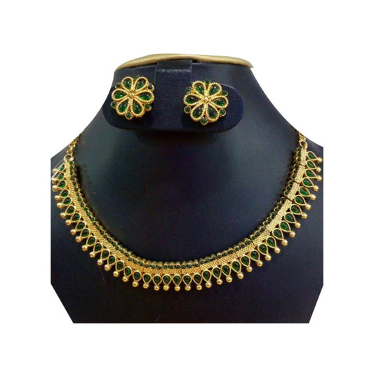 Gold Plated Chocker Necklace With Flower Green Stones