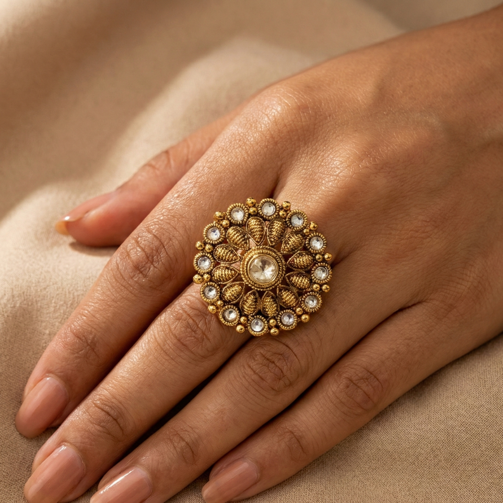Kolam pattern Round Finger Ring with White Stones