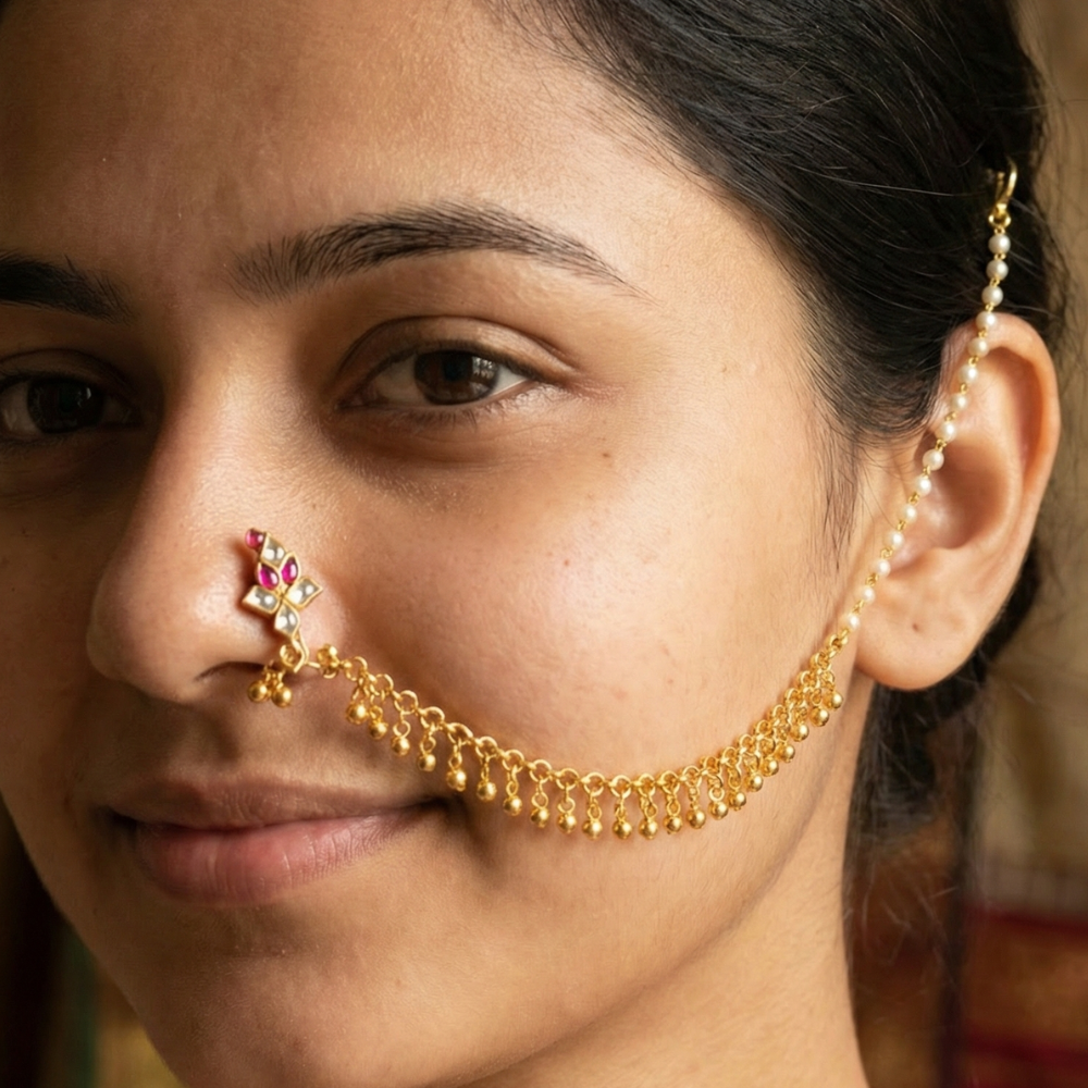 Kundan Stones with Hanging Beads to Ears Nosepin