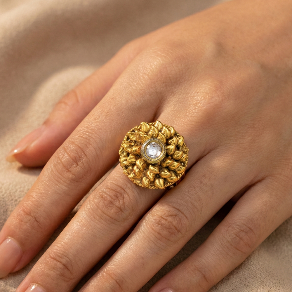 Blooming Flower Round Finger Ring With White Stone