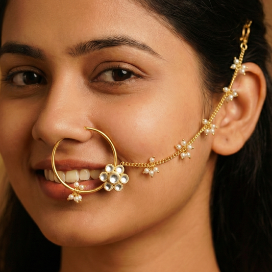 Kundan Stone Flower, Hanging Bunch Pearls Nosepin