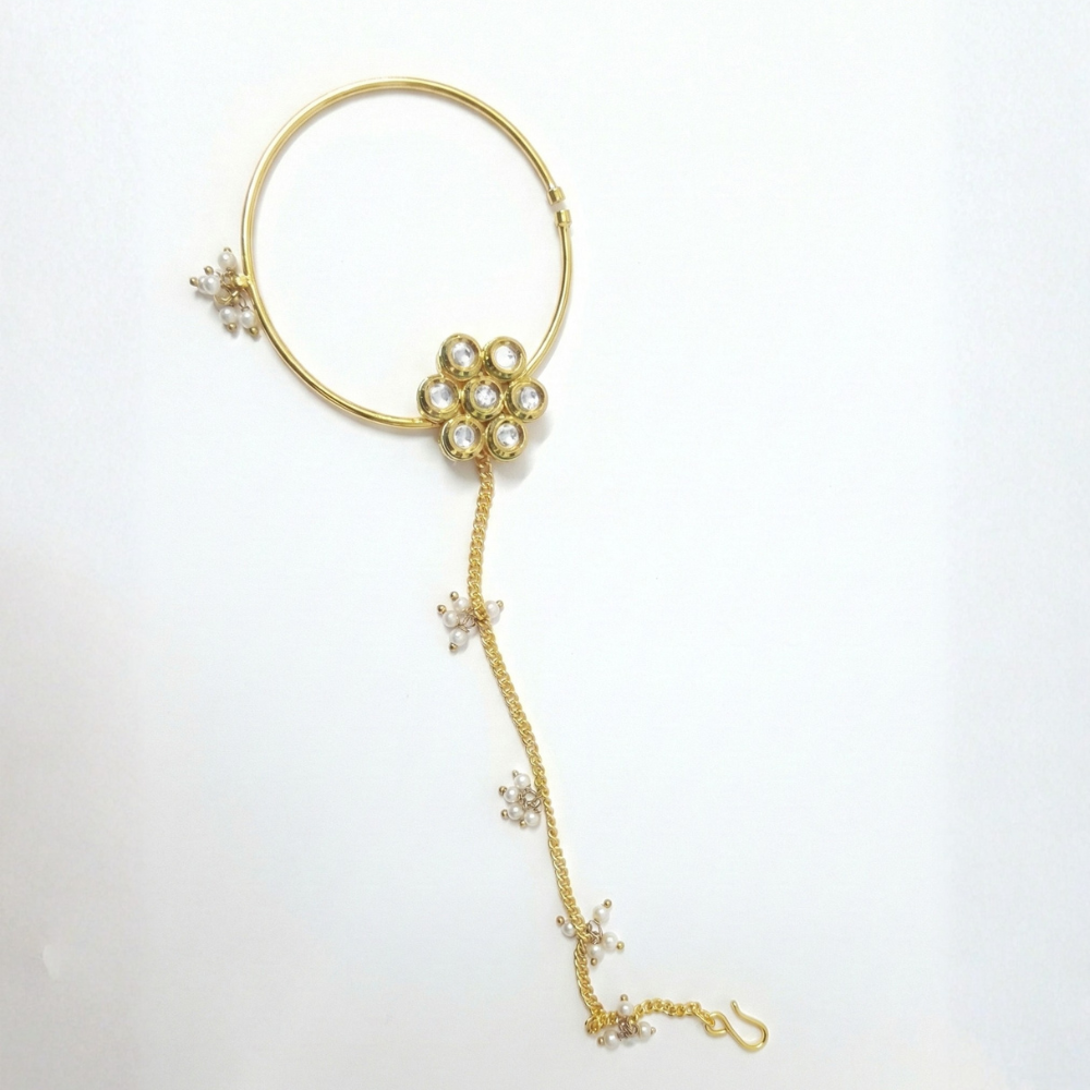 Kundan Stone Flower, Hanging Bunch Pearls Nosepin Big