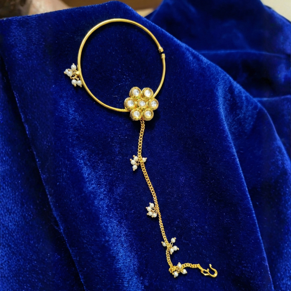 Kundan Stone Flower, Hanging Bunch Pearls Nosepin Big