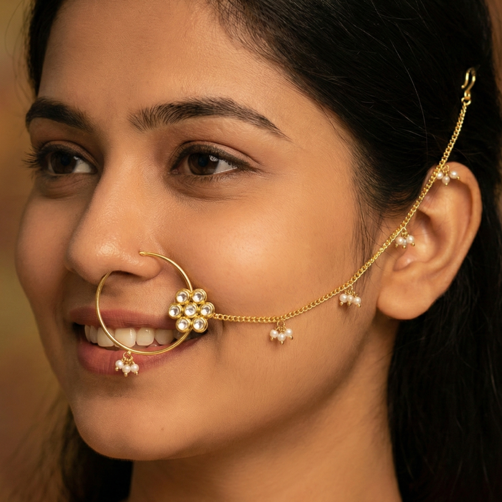 Kundan Stone Flower, Hanging Bunch Pearls Nosepin Big