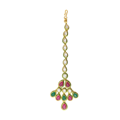 Gold Plated Maang Tikka Peacock Feather Design with Kundan Stones