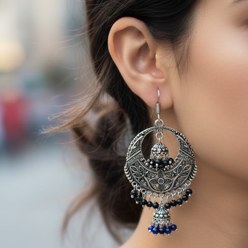 Chandbali Pattern Double Jhumka Oxidised Earrings with Black Beads