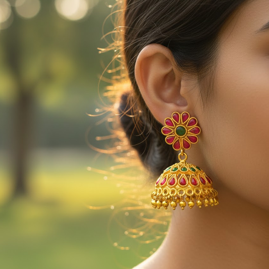 Red & Green Stones Traditional Stone Jhumka