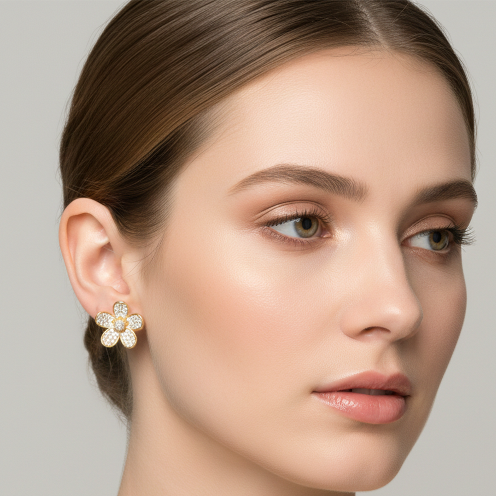 Gold Plated Studs with Flower Design and White Stones