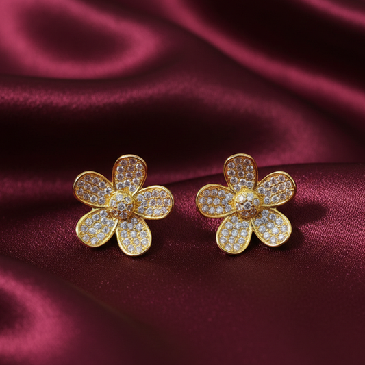 Gold Plated Studs with Flower Design and White Stones