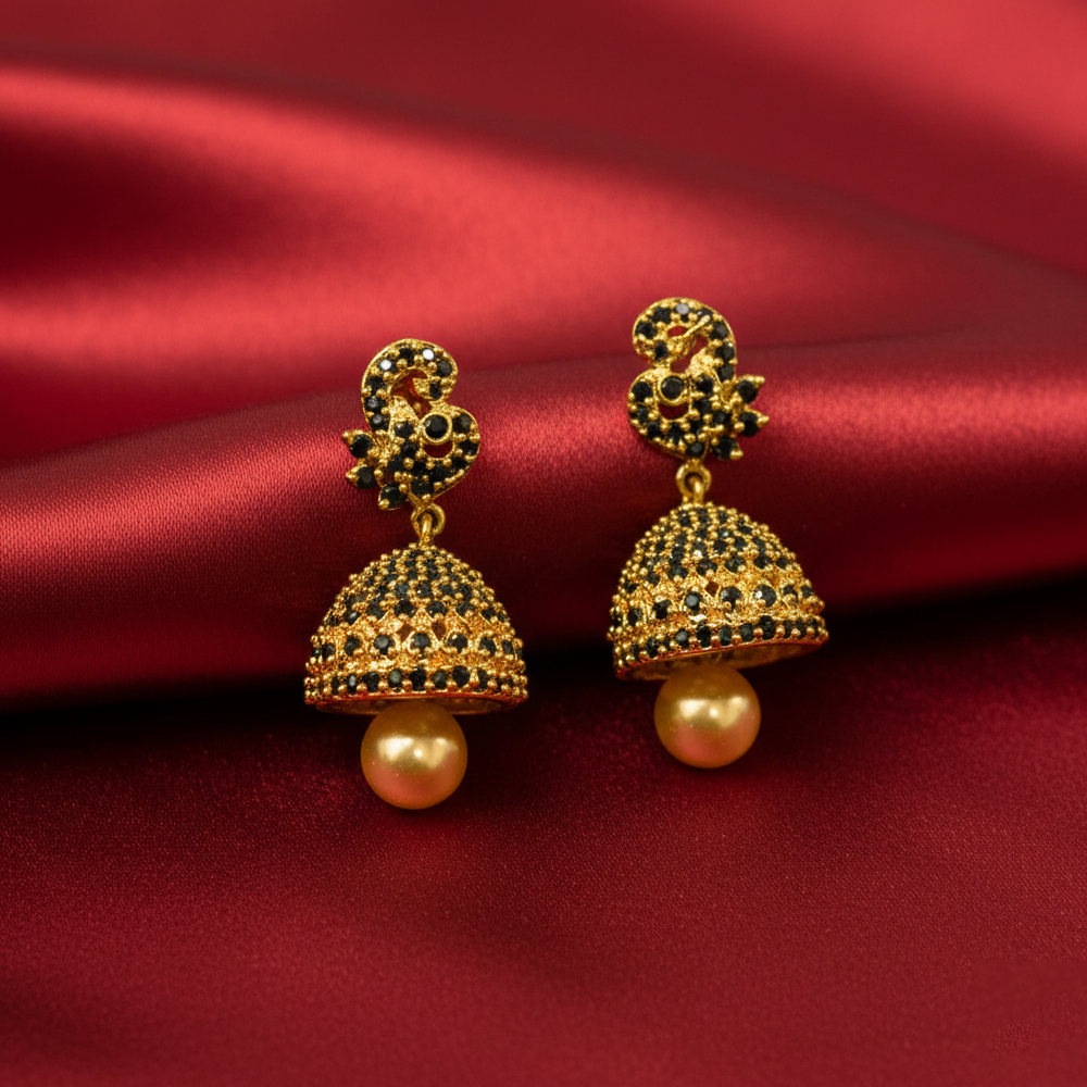 Black Stones Jhumka with Hanging Golden Beads
