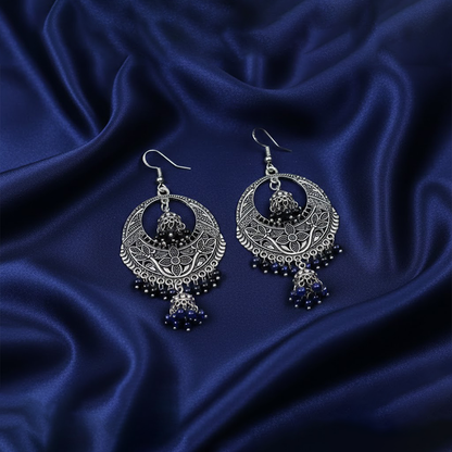 Chandbali Pattern Double Jhumka Oxidised Earrings with Black Beads
