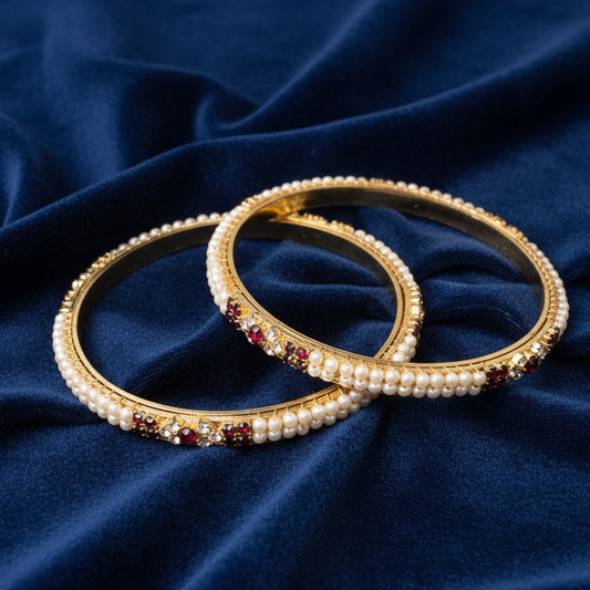 Gold Plated Pearl Bangles With Red Stones
