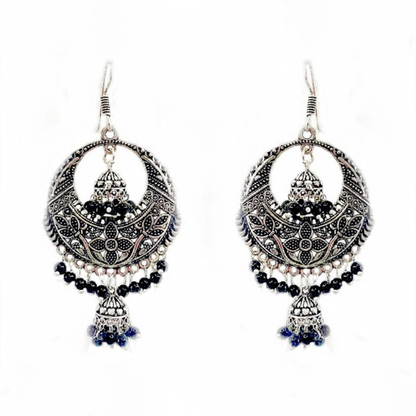 Chandbali Pattern Double Jhumka Oxidised Earrings with Black Beads