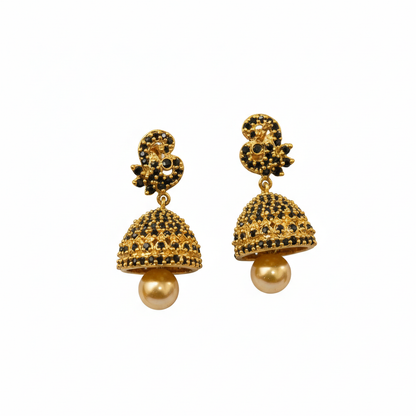 Black Stones Jhumka with Hanging Golden Beads