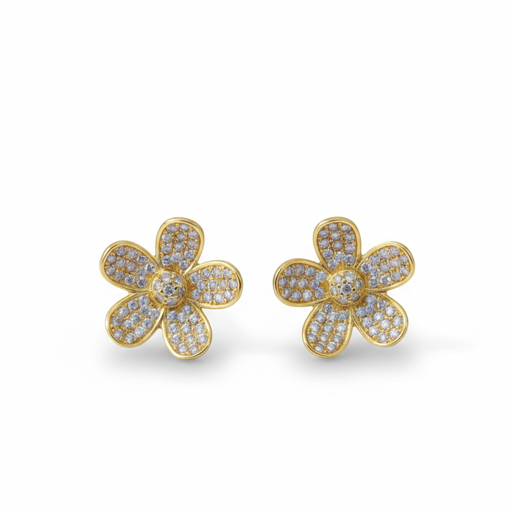 Gold Plated Studs with Flower Design and White Stones