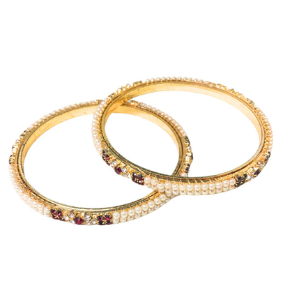 Gold Plated Pearl Bangles With Red Stones